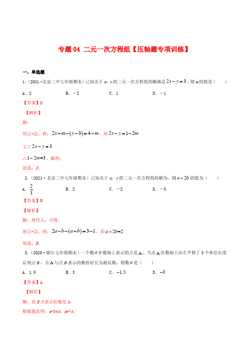 专题04 二元一次方程组【压轴题专项训练】-2020-2021学年七年级数学下学期(人教版)(解析版