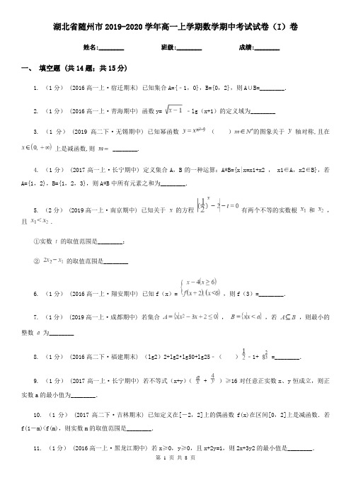 湖北省随州市2019-2020学年高一上学期数学期中考试试卷(I)卷