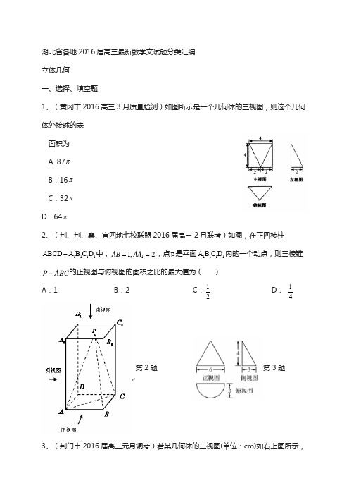 湖北省各地2016届高三最新数学文试题分类汇编：立体几何 含答案