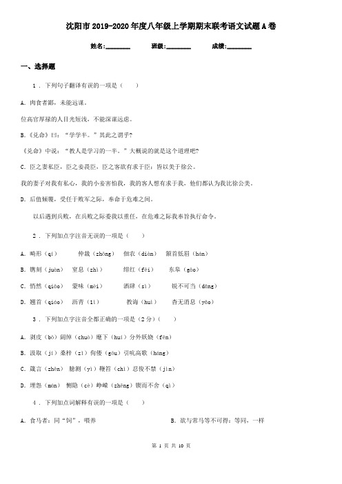 沈阳市2019-2020年度八年级上学期期末联考语文试题A卷