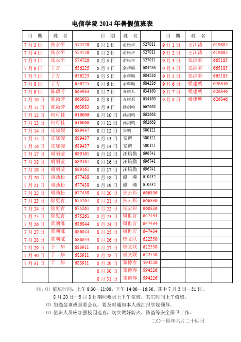 电信学院2014年暑假值班表