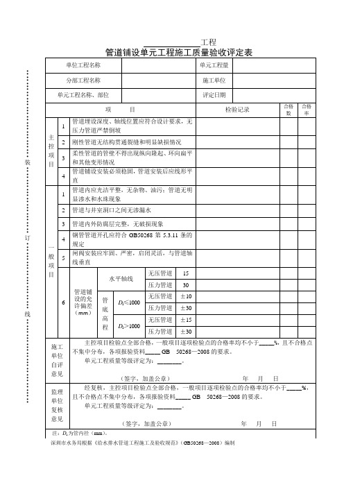 管道铺设单元工程施工质量验收评定表