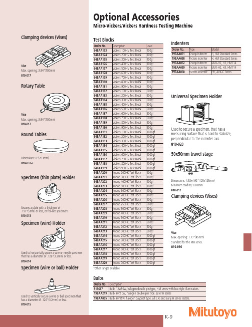 K-9可选配件，微维克斯硬度试验机剪子订单号型号及描述说明书