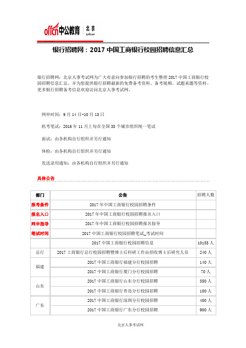 银行招聘网：2017中国工商银行校园招聘信息汇总