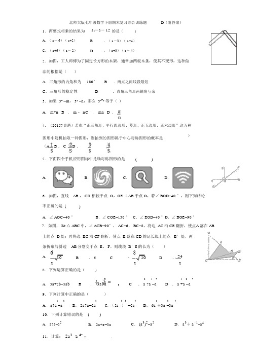 北师大版2019七年级数学下册期末复习综合训练题D(附答案)