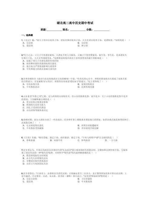 湖北高二高中历史期中考试带答案解析
