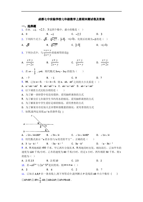 成都七中实验学校七年级数学上册期末测试卷及答案