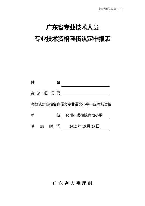 广东省专业技术人员专业技术资格考核认定申报表