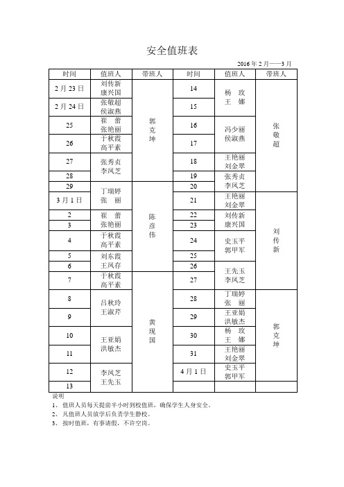 安全值班表