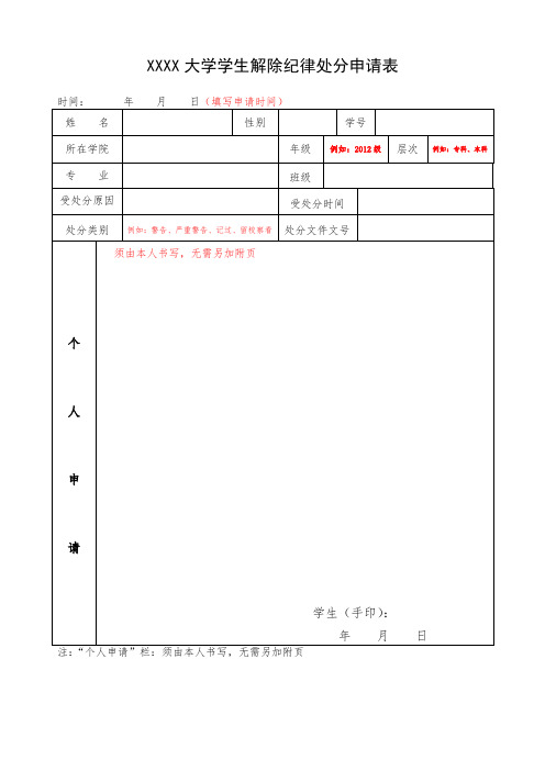 XXXX大学学生解除纪律处分申请表(模板)