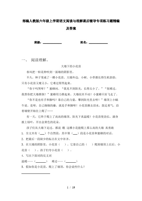 部编人教版六年级上学期语文阅读与理解课后辅导专项练习题精编及答案