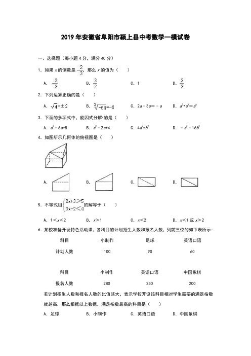 2019年安徽省阜阳市颍上县中考数学一模试卷(解析版)