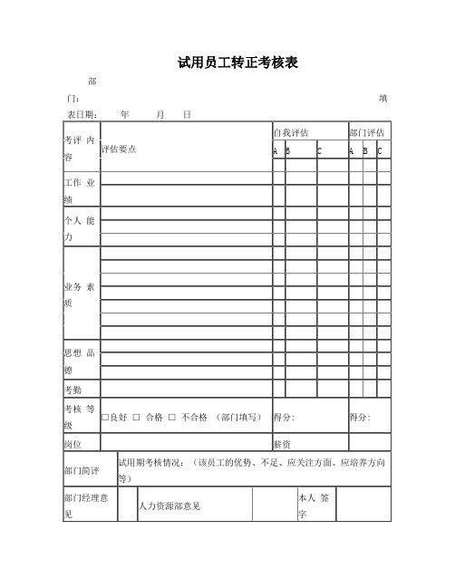 试用期员工转正考核表+工作总结