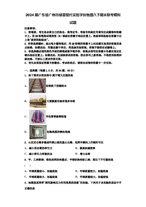 2024届广东省广州市绿翠现代实验学校物理八下期末联考模拟试题含解析