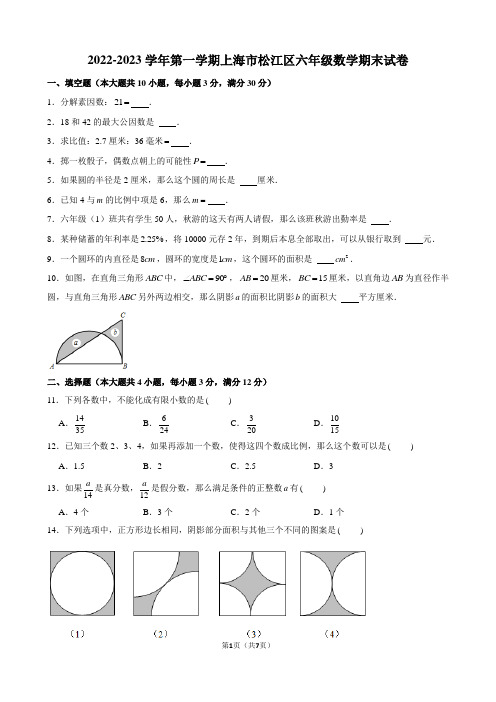 2022-2023学年第一学期上海市松江区六年级数学期末试卷及解析