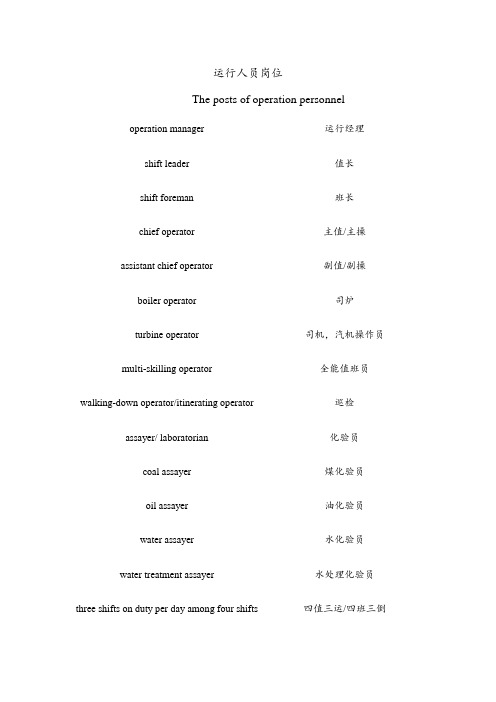 火电厂运行和检修人员岗位英汉对照