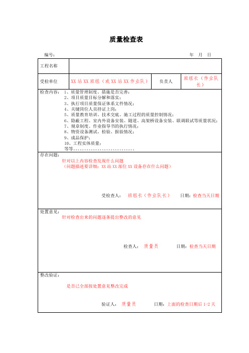 项目部质量检查表(样表)