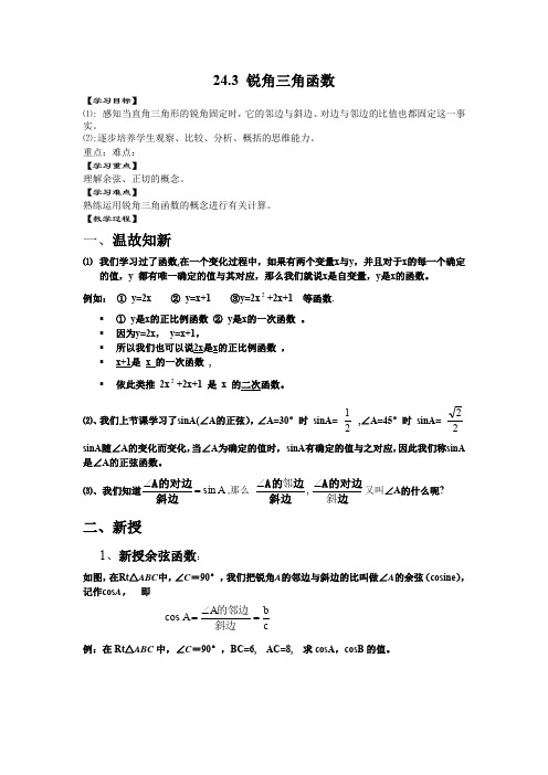 华东师大版九年级数学上册 第24章 24.3 锐角三角函数 学案