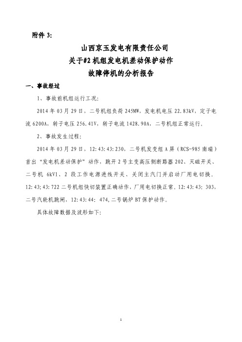 京玉发电关于2机组发电机差动保护动作故障停机的分析报告