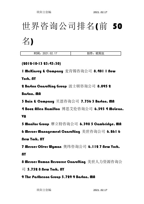 世界咨询公司排名(前50名)之欧阳主创编