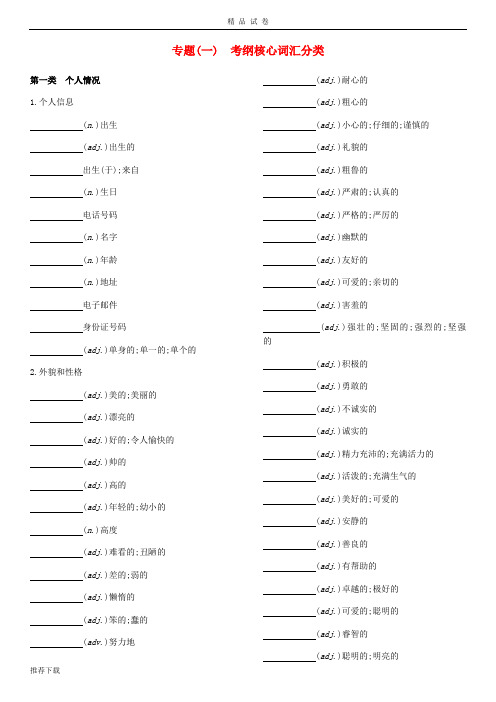 [精品]2019届中考英语总复习 默写手册 专题一 考纲核心词汇分类 (新版)外研版