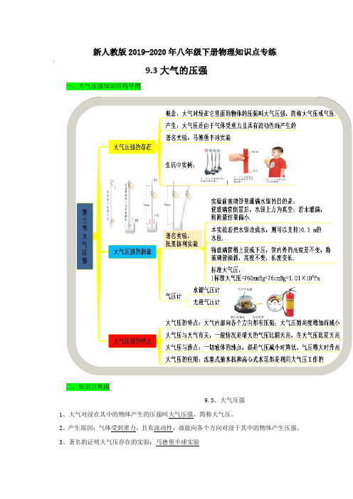 新人教版2019-2020年八年级下册物理知识点专练9.3大气的压强【含答案】