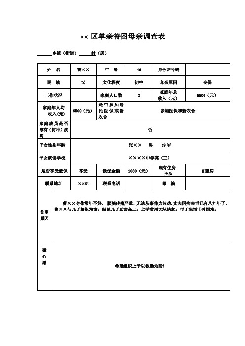 ××区单亲特困母亲调查表