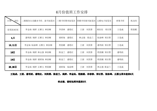 6月份值班工作安排表