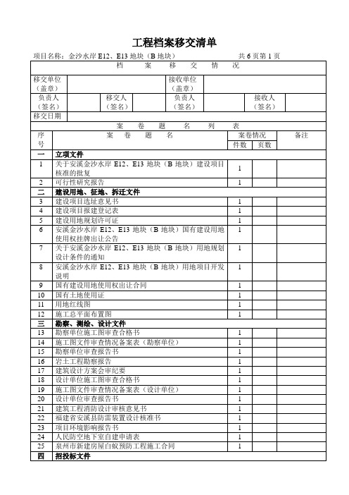 工程竣工资料移交建设档案馆移交清单