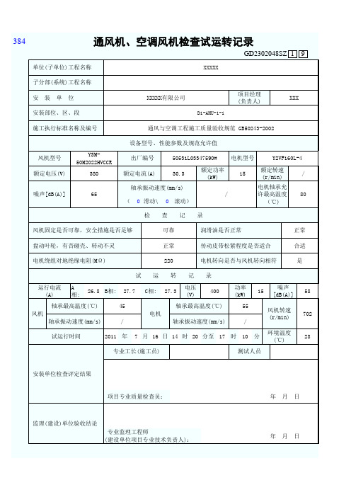 通风机、空调机检查试运转记录