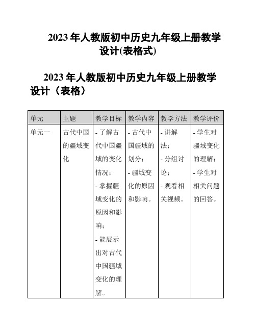 2023年人教版初中历史九年级上册教学设计(表格式)