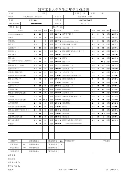 河南工业大学学生历年学习成绩表