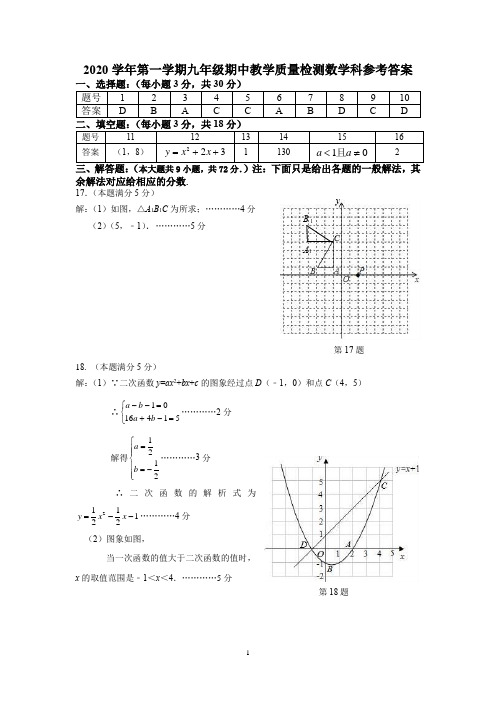 2020学年第一学期九年级期中数学质量检测答案