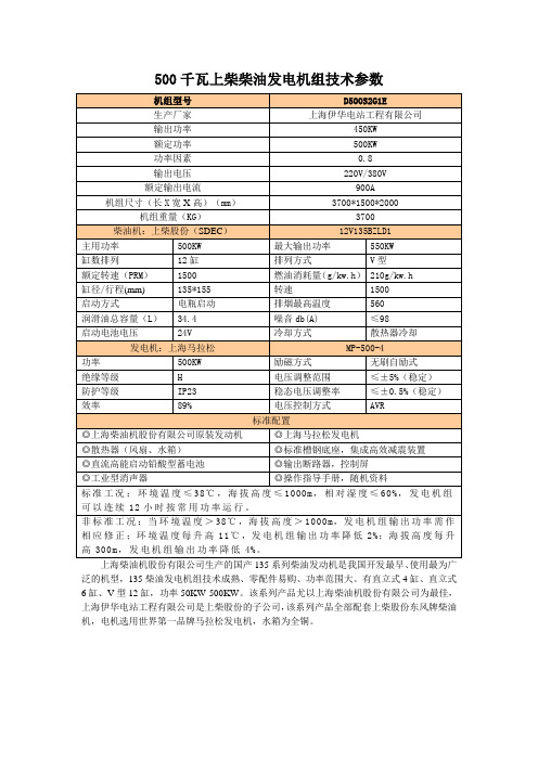 500千瓦上柴柴油发电机组技术参数