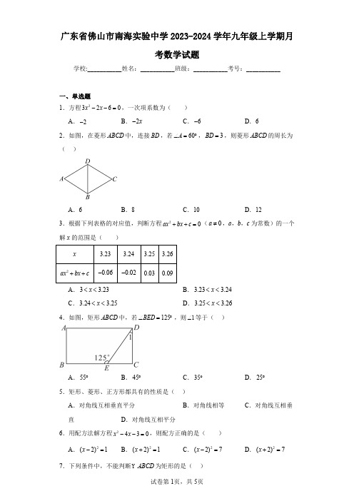 广东省佛山市南海实验中学2023-2024学年九年级上学期月考数学试题