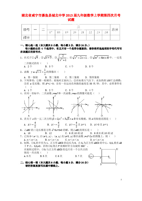 湖北省咸宁市嘉鱼县城北中学2013届九年级数学上学期第四次月考试题(无答案)