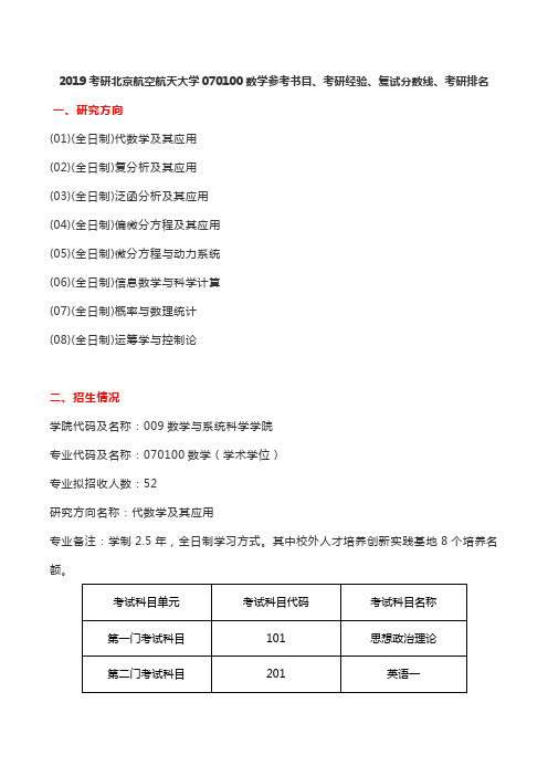 2019考研北京航空航天大学070100数学参考书目、考研经验、复试分数线、考研排名