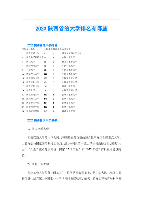 2023陕西省的大学排名有哪些