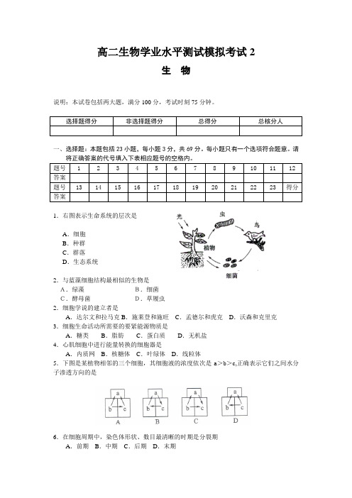 高二生物学业水平测试模拟考试2