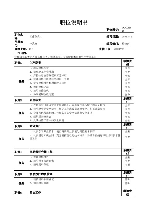 检修部职位说明书汇总