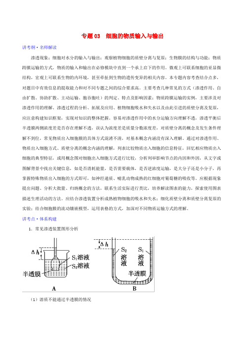 2019年高考生物二轮复习 专题03 细胞的物质输入与输出(讲)(含解析)