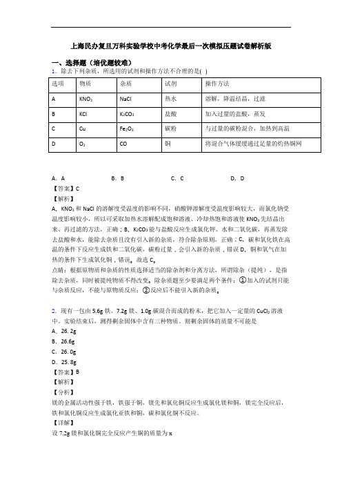 上海民办复旦万科实验学校中考化学最后一次模拟压题试卷解析版