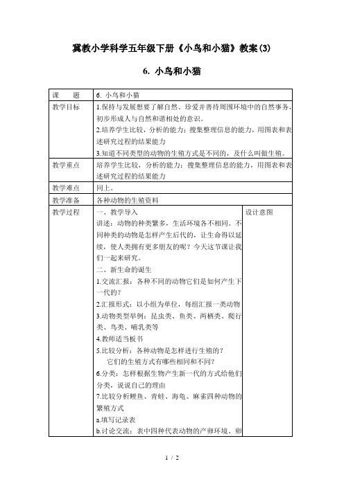 冀教小学科学五年级下册《小鸟和小猫》教案(3)