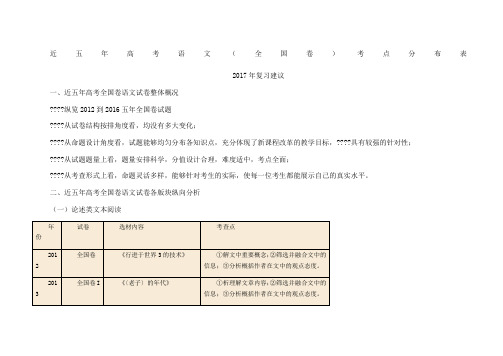 近五年高考语文全国卷考点分布表