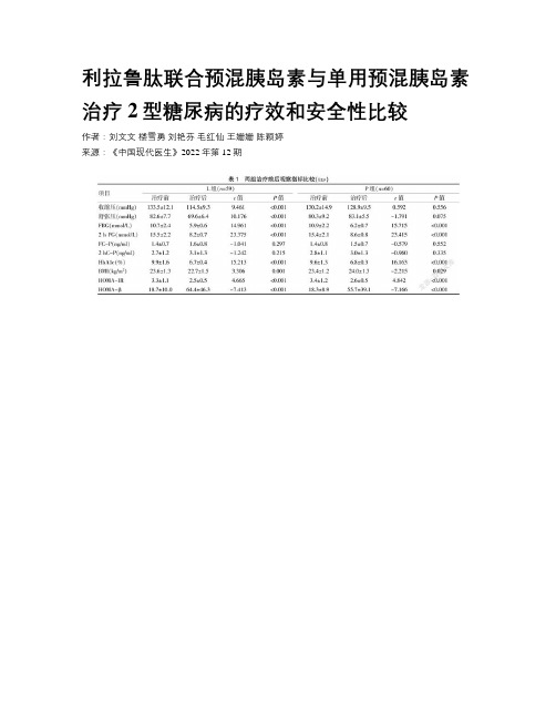 利拉鲁肽联合预混胰岛素与单用预混胰岛素治疗2型糖尿病的疗效和安全性比较 