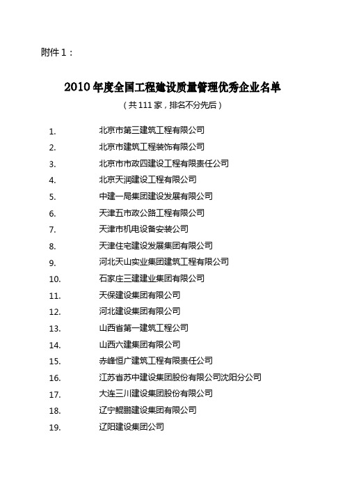 2010年度全国工程建设质量管理优秀企业和先进工作者