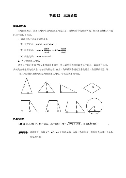 初中数学拔高九年级 专题12 三角函数(含答案)