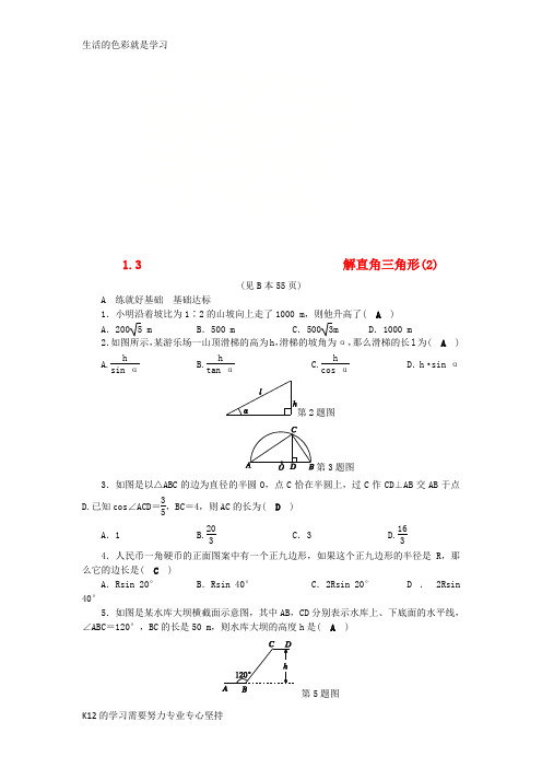 [推荐学习]2018年秋九年级数学下册 第1章 解直角三角形 1.3 解直角三角形(2)练习 (新版