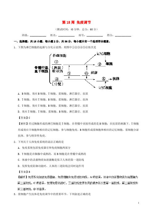 2017-2018学年高考生物周末培优第18周免疫调节新人教版