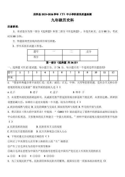 陕西省咸阳市泾阳县2023-2024学年九年级下学期期中阶段性质量检测历史试卷(word版含答案)